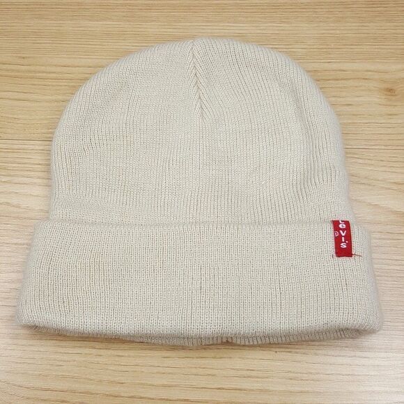 LEVI'S Beanie Hat Tan Ribbed Fold Over Cuff Logo - Picture 1 of 3